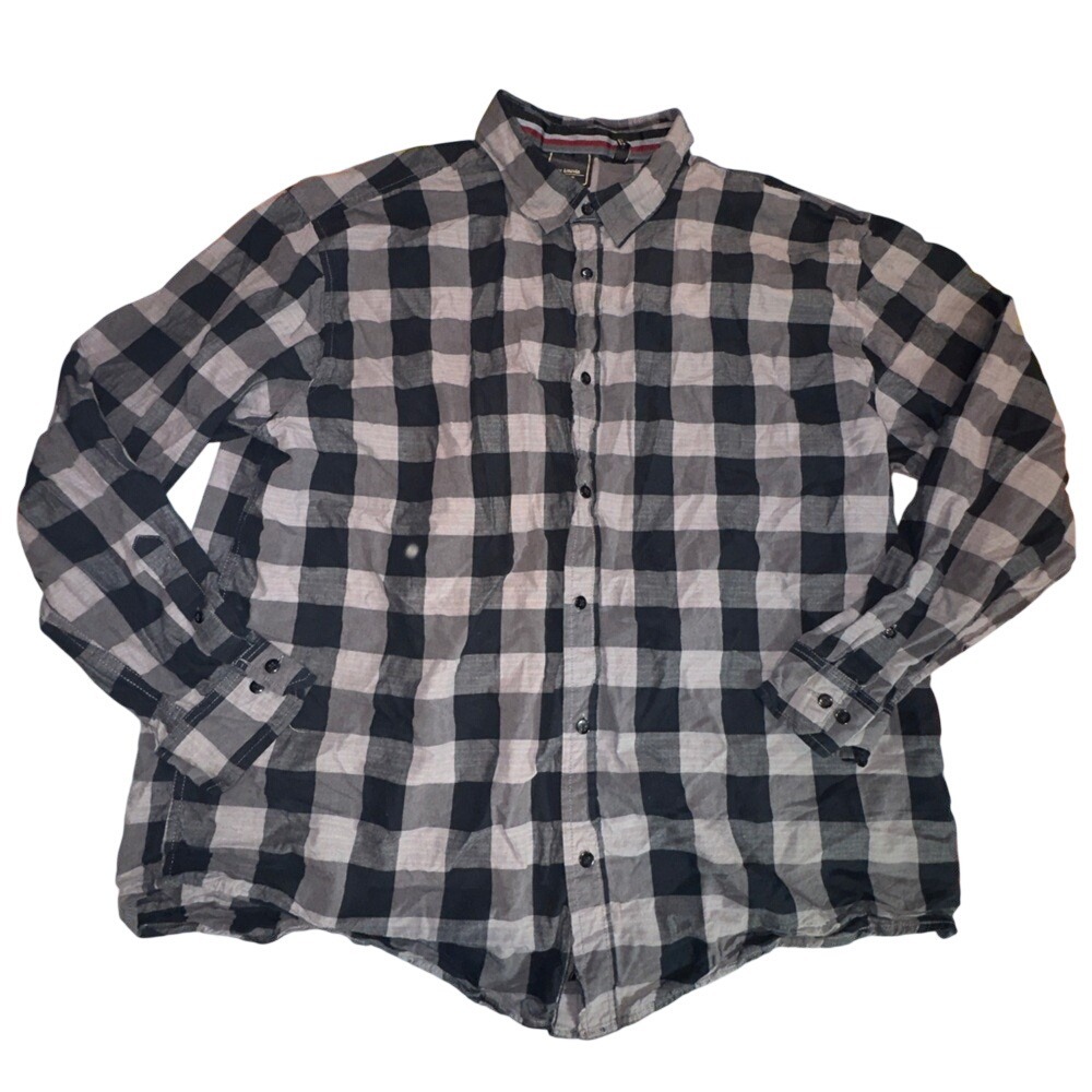 Six Lincoln Navy Blue Gray Checkered Button Up Shirt‎ Mens 3XL Long Sleeve Plaid